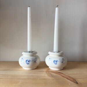 Vintage Homco Porcelain Blue Rose Candle Holders | Set of 2